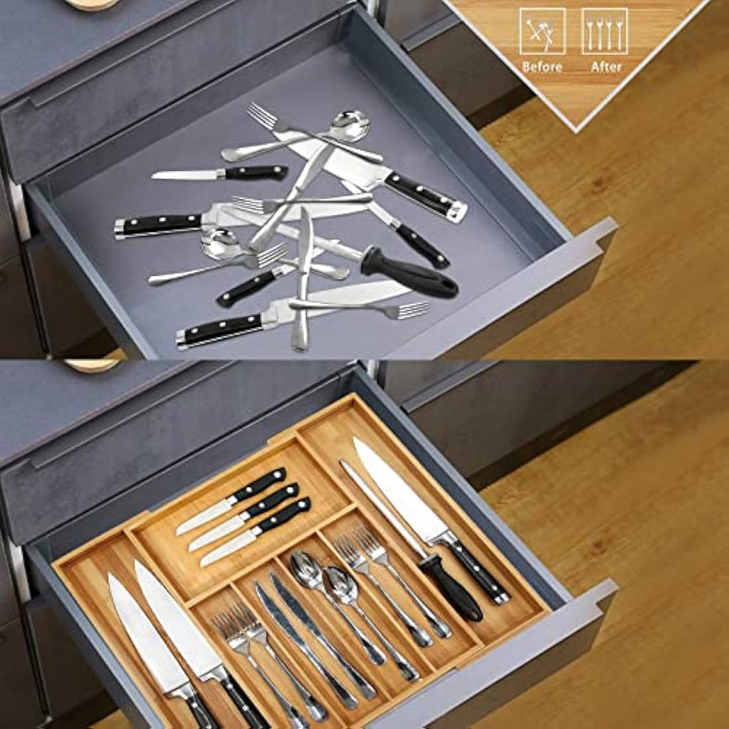 VaeFae Expandable Bamboo Cutlery Drawer Organiser | 5-7 Slot Kitchen Tray