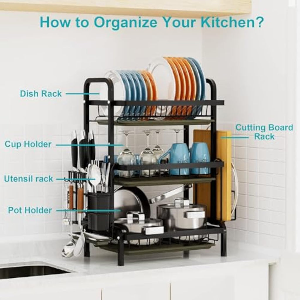 3-Tier Dish Drying Rack with Drip Tray and Cutlery Holder