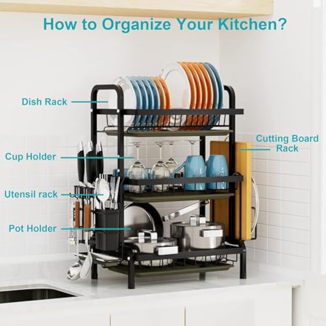 3-Tier Dish Drying Rack with Drip Tray and Cutlery Holder