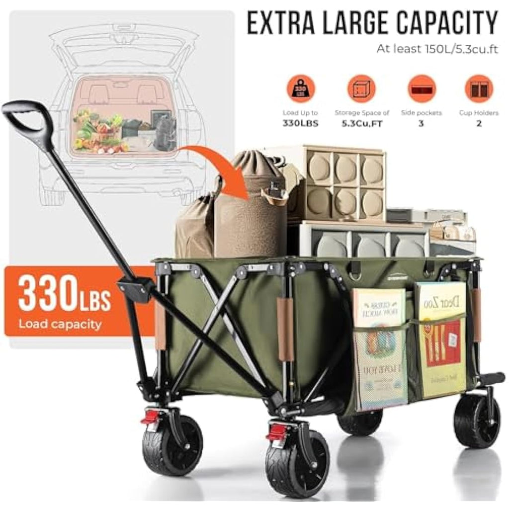 Overmont Heavy Duty Folding Wagon – All-Terrain Beach Trolley, Green