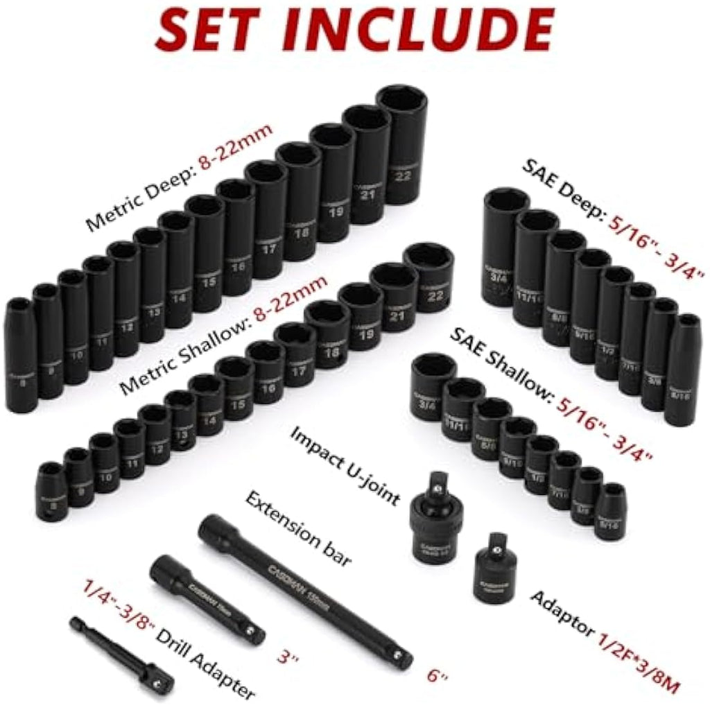 CASOMAN 3/8" Drive Impact Socket Set | 49-Piece SAE & Metric Cr-V Steel