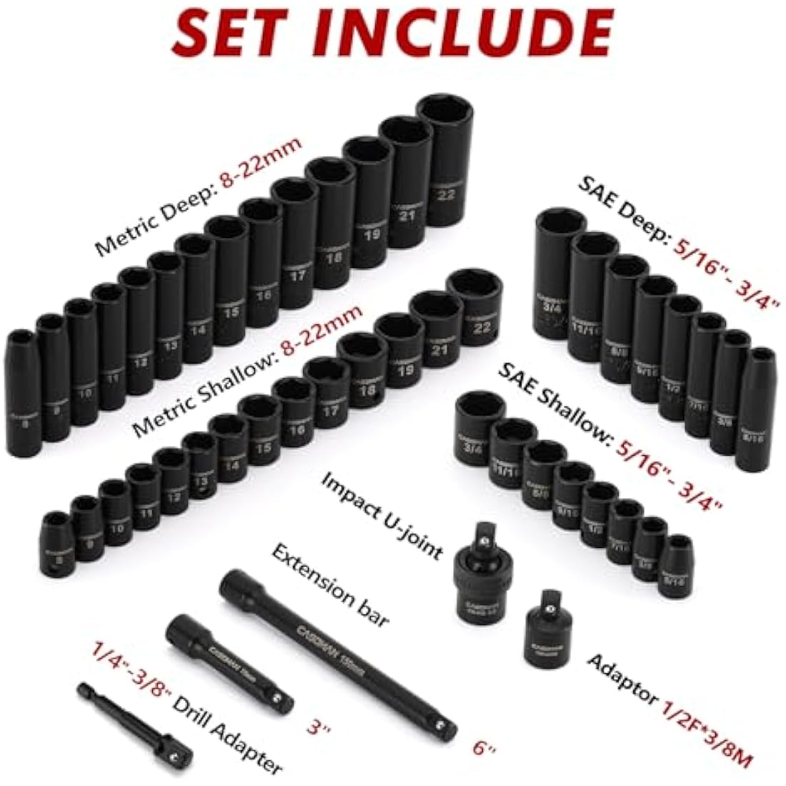 CASOMAN 3/8" Drive Impact Socket Set | 49-Piece SAE & Metric Cr-V Steel