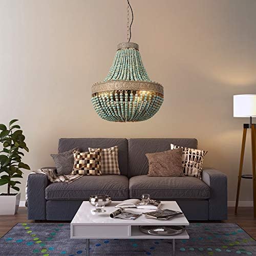 Wood Bead Chandelier – Gray Blue Boho Pendant Light Fixture