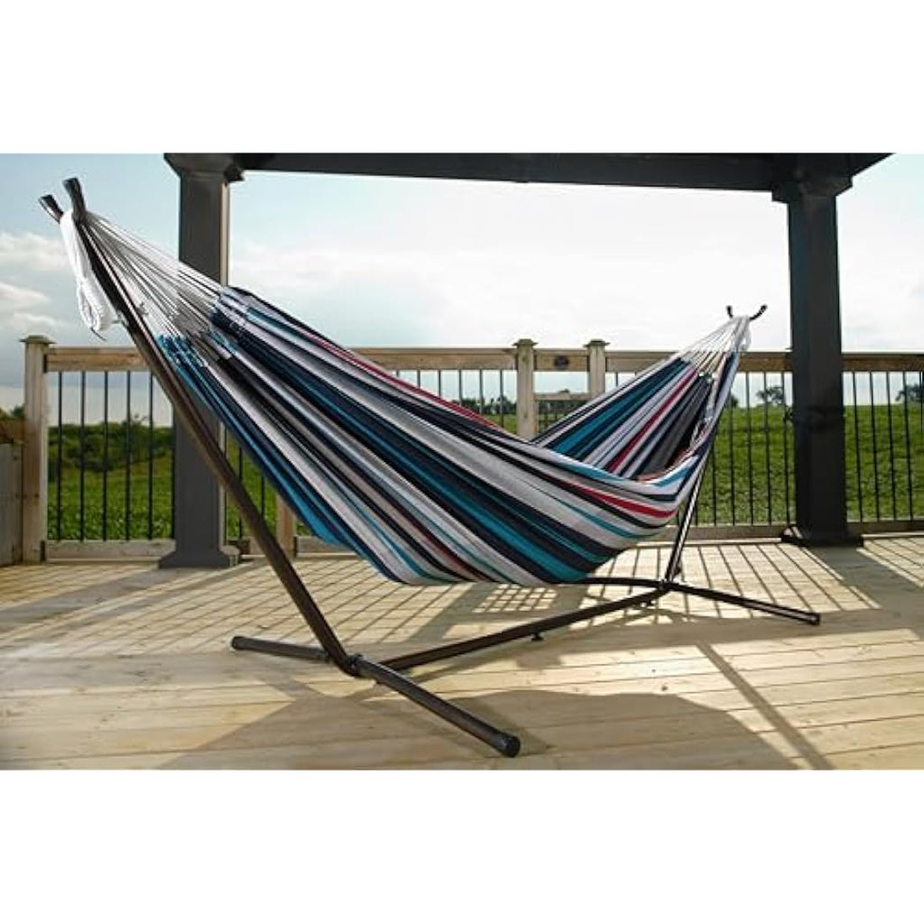 Vivere Double Cotton Hammock with Space-Saving Steel Stand – Denim