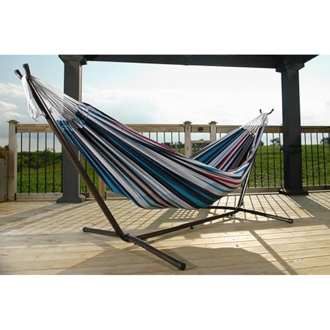Vivere Double Cotton Hammock with Space-Saving Steel Stand – Denim