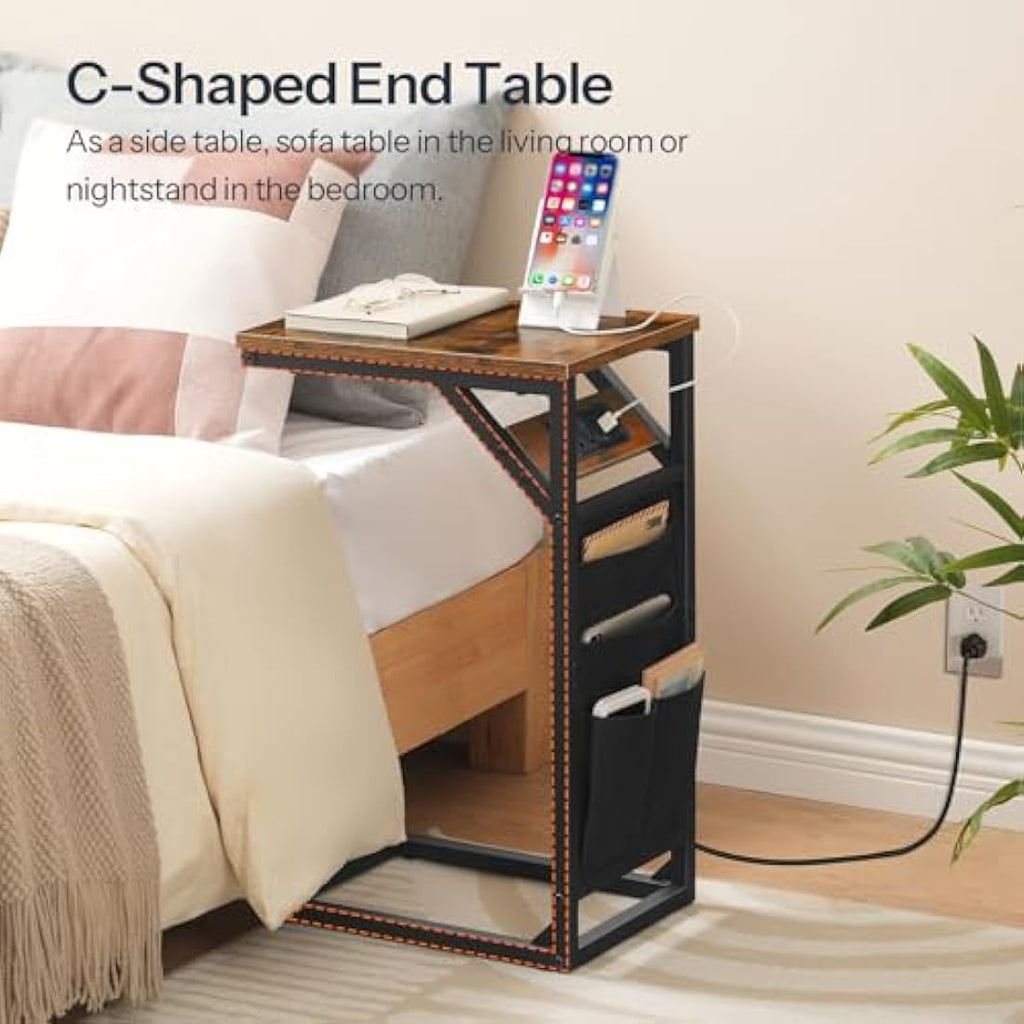 HOOBRO C-Shaped Side Table with Charging Station and Storage Bag