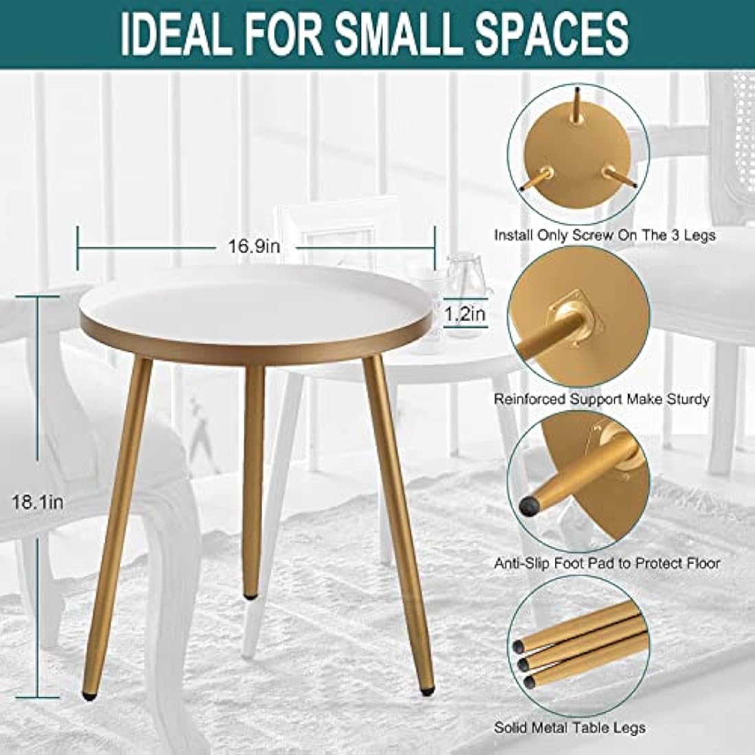 AOJEZOR Round Metal Side Table – Modern End Table for Small Spaces, Gold