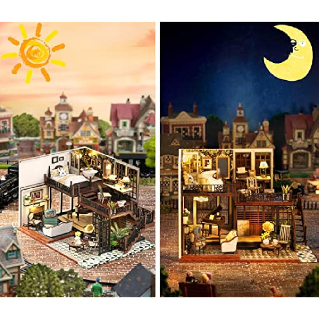 Spilay DIY Miniature Dollhouse Kit – 1:24 Scale Wooden Villa with Music Box