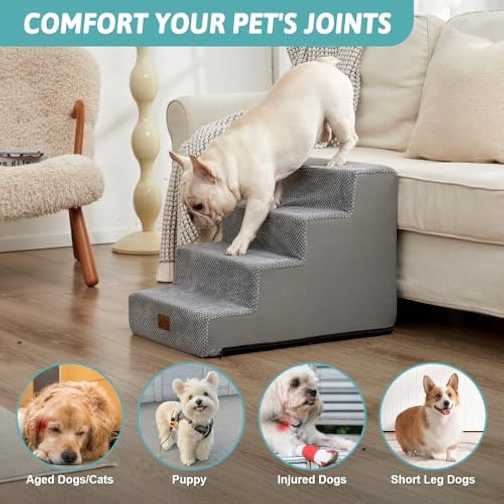 COZY KISS 4-Tier Foam Dog Stairs | Non-Slip Wide Pet Steps for High Beds
