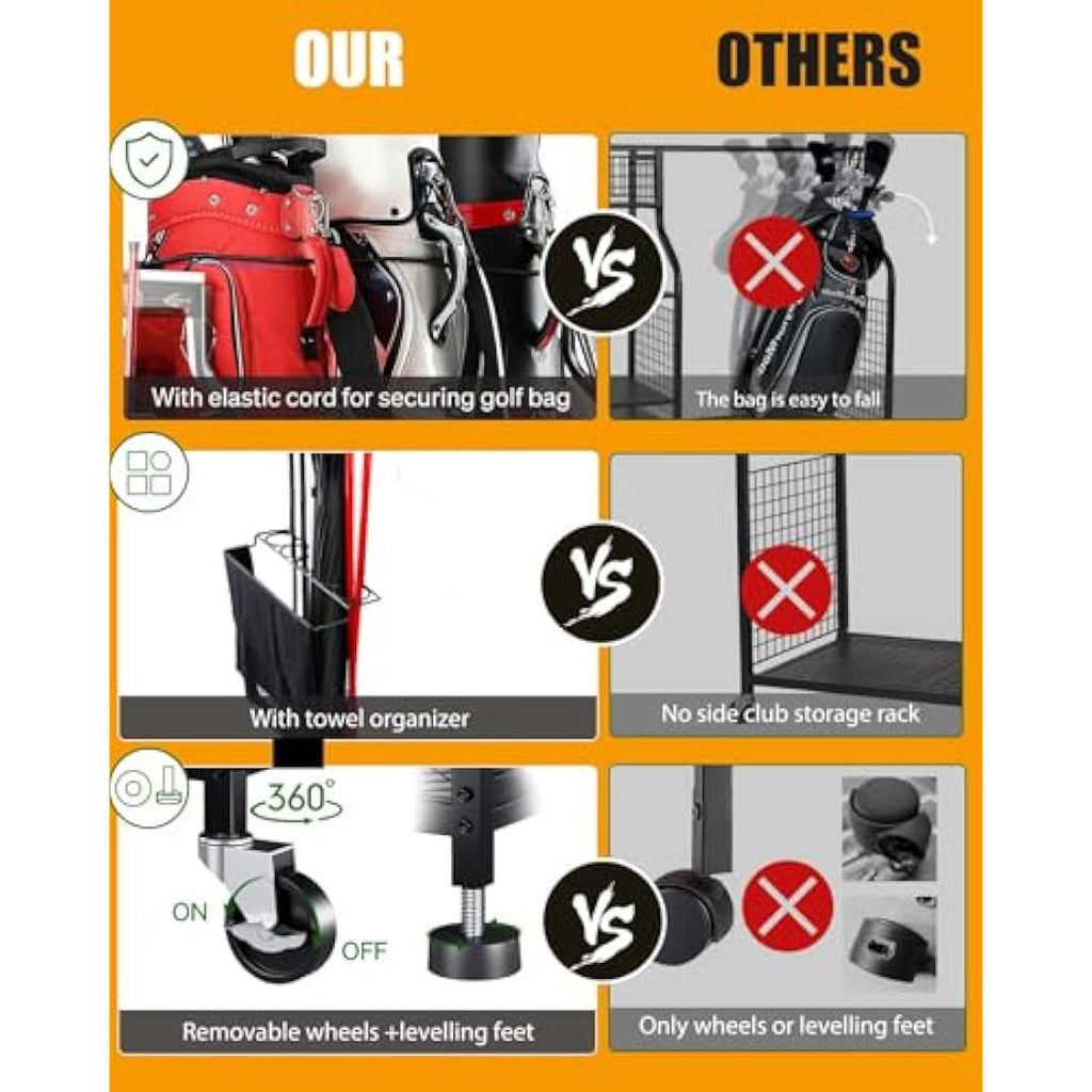 EXTCCT 3-Bag Golf Storage Organizer – Heavy-Duty Steel Rack with Wheels