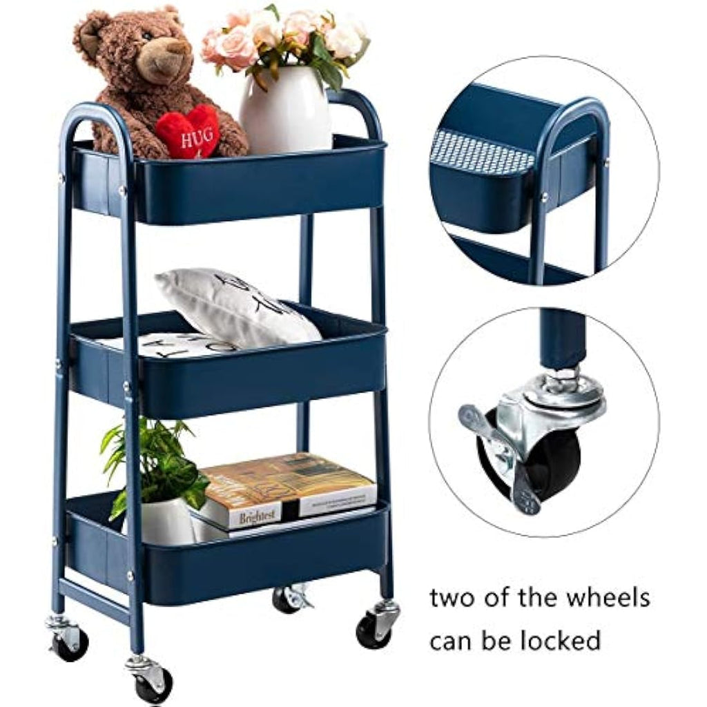 DOEWORKS 3-Tier Metal Rolling Utility Cart – Navy Blue Storage Trolley