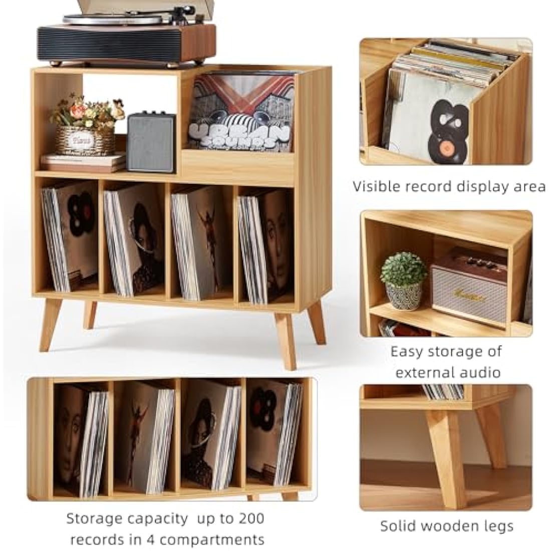 Large Wooden Record Player Stand – Vinyl Storage for 300 Albums