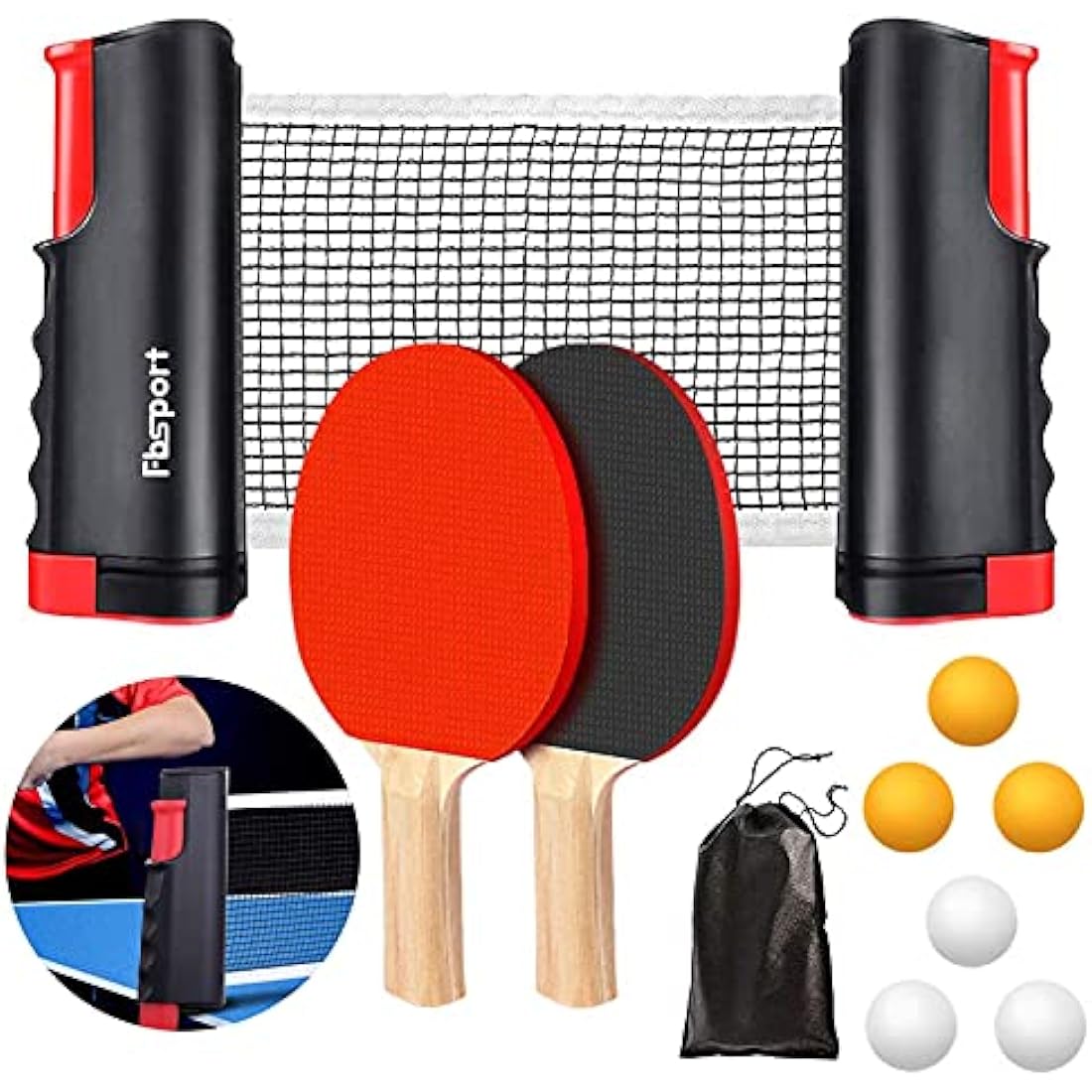 FBSPORT Table Tennis Set | 2 Ping Pong Paddles, Retractable Net & 6 Balls