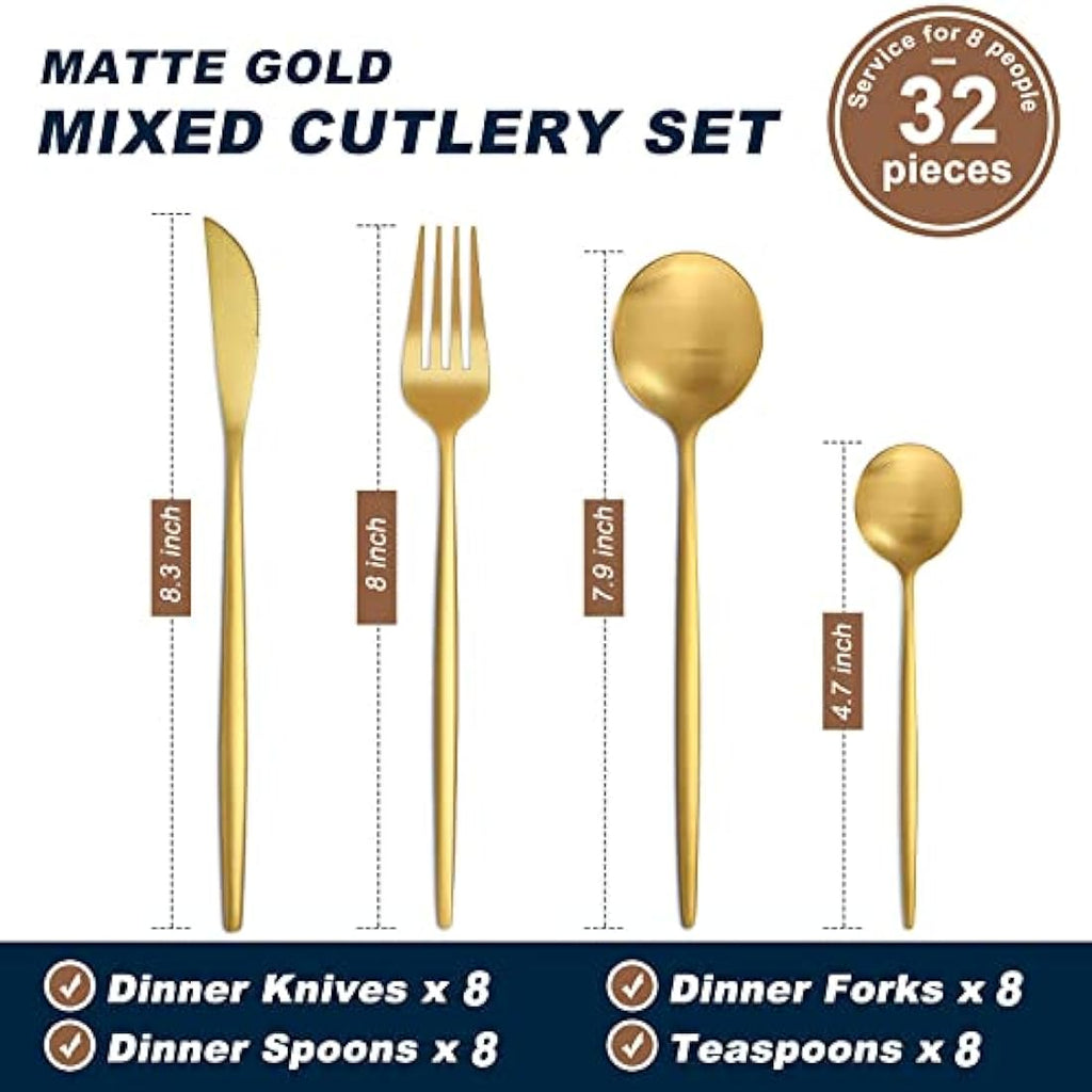 Bestdin Matte Gold Cutlery Set | 32-Piece Stainless Steel Flatware