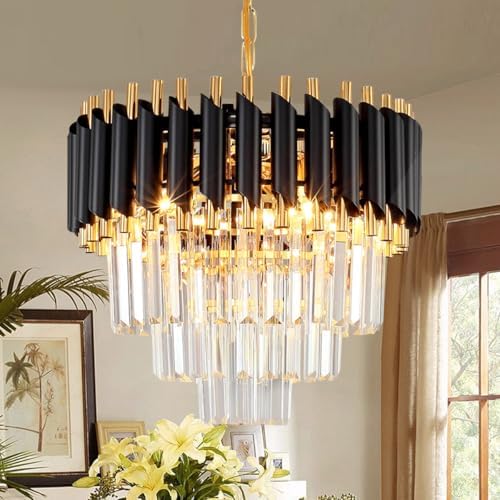 AOOCHOK Modern Crystal Chandelier – Black and Gold Pendant Light, 40cm