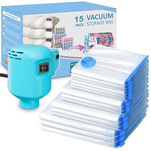 Kissleaf 15-Pack Vacuum Storage Bags with Electric Pump | 5 Mixed Sizes