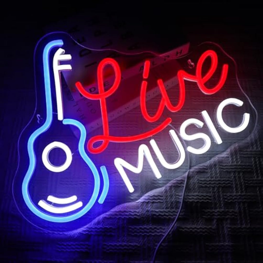 Live Music Guitar Neon Sign - Dimmable LED Wall Decor