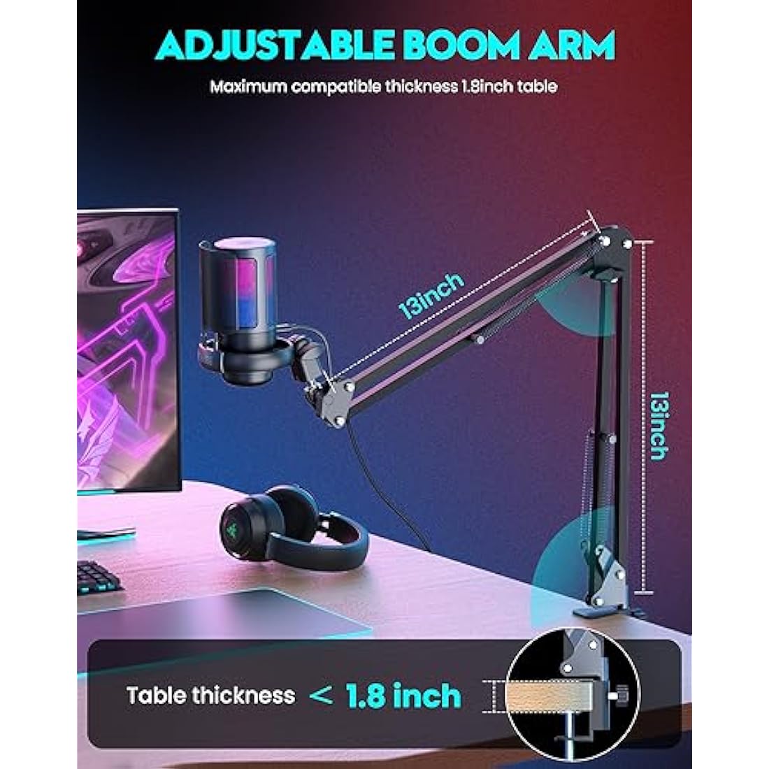 Jolof Store USB Gaming Microphone with Boom Arm – RGB Condenser Mic for PC