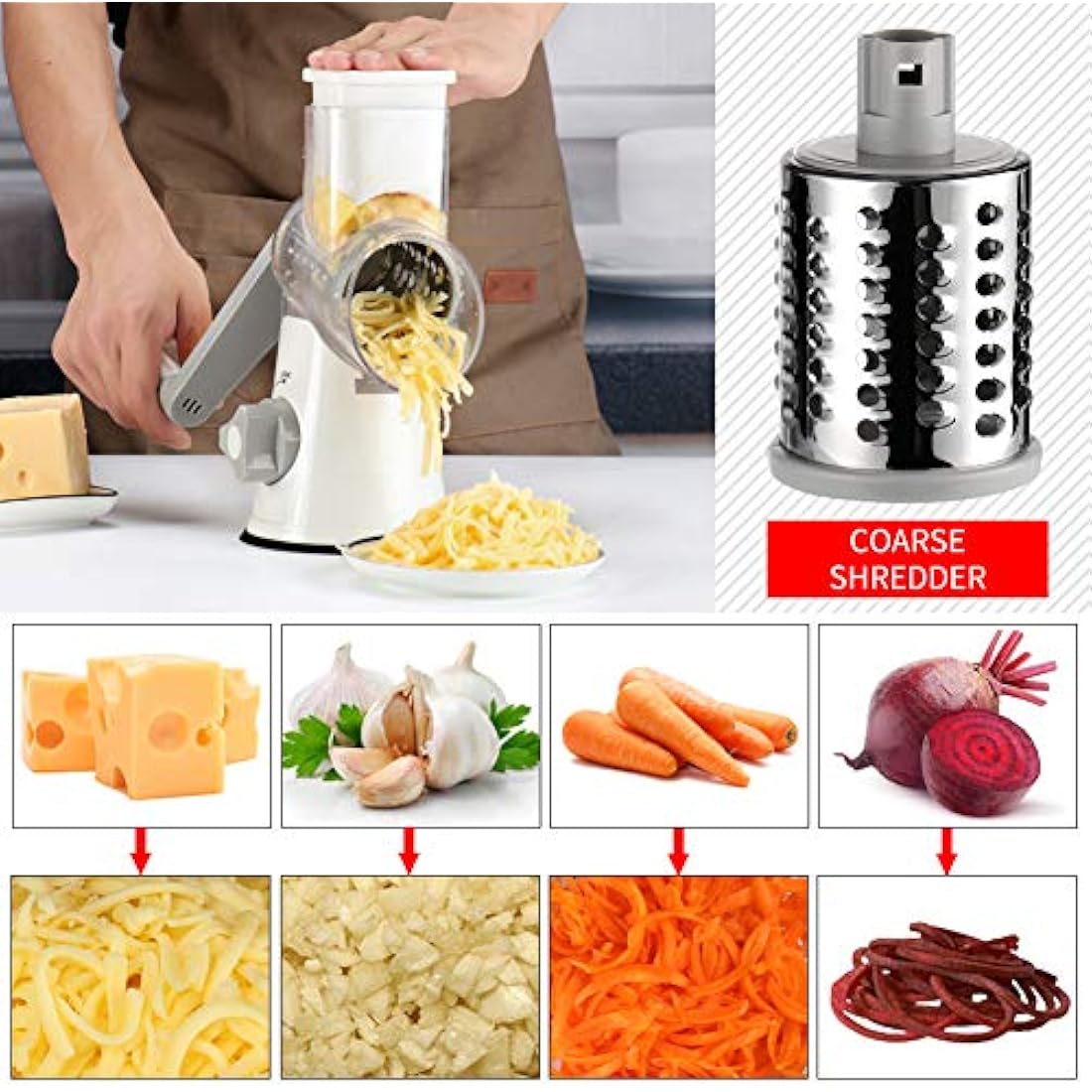 Ourokhome Rotary Cheese Grater | 3-in-1 Mandoline Slicer & Shredder, White