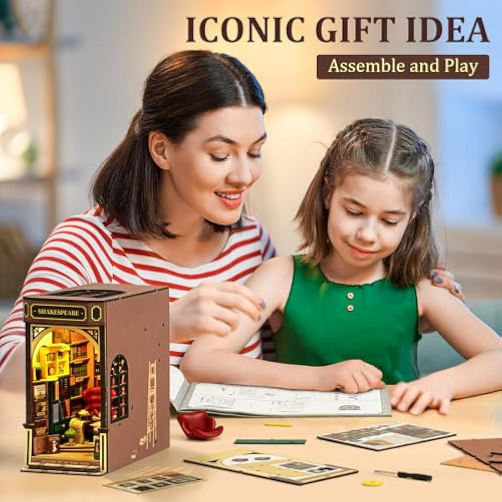 ROBOTIME Shakespeare Bookstore Book Nook Kit – 3D Wooden Puzzle with LED
