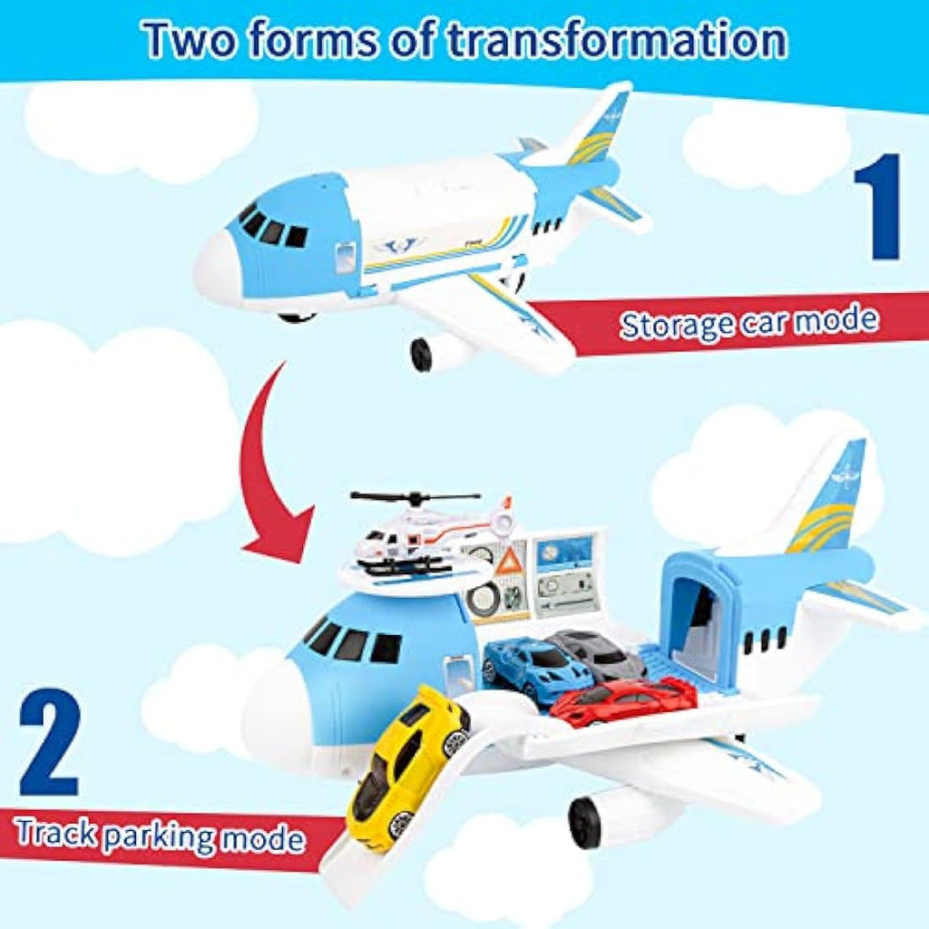 Transport Cargo Airplane Toy Set with 4 Cars and Helicopter