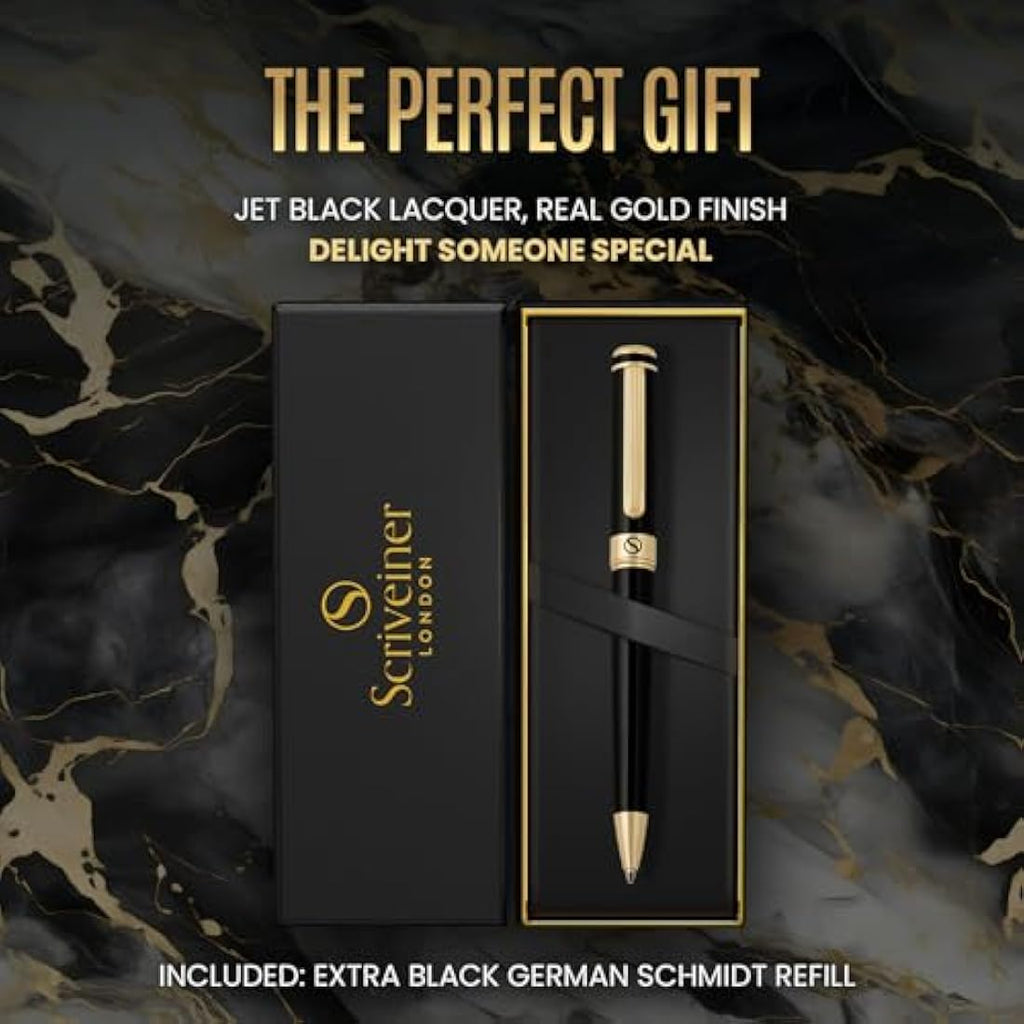 Scriveiner Black Lacquer Ballpoint Pen – Luxury Gold Plated Executive