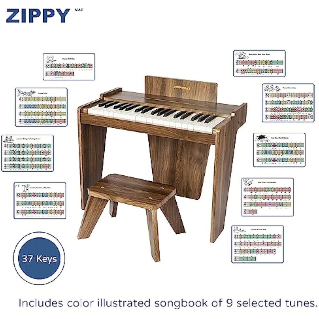ZIPPY MAT Kids Piano Keyboard – 37 Keys Wooden Musical Toy, Walnut
