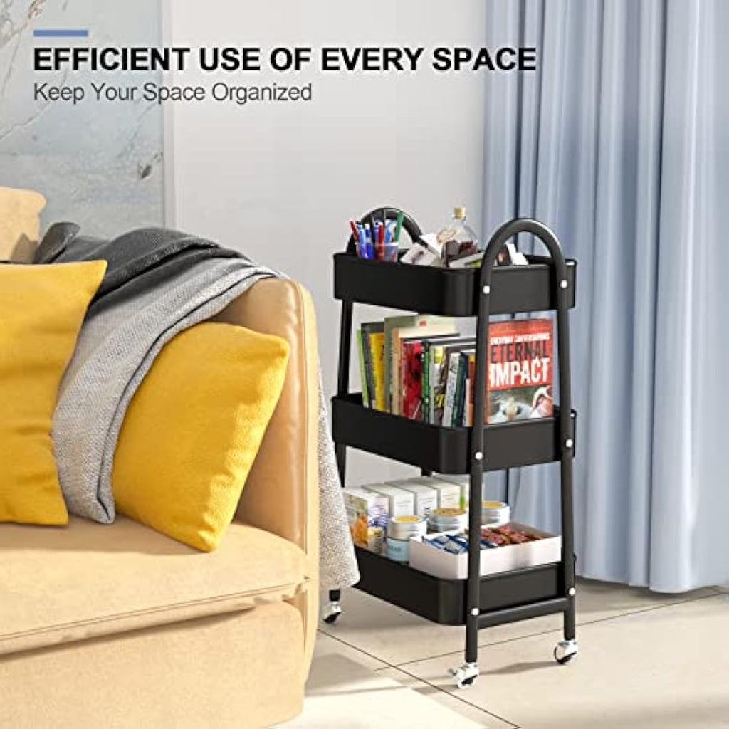 EAGMAK 3-Tier Metal Rolling Utility Cart with Handle and Wheels - Black