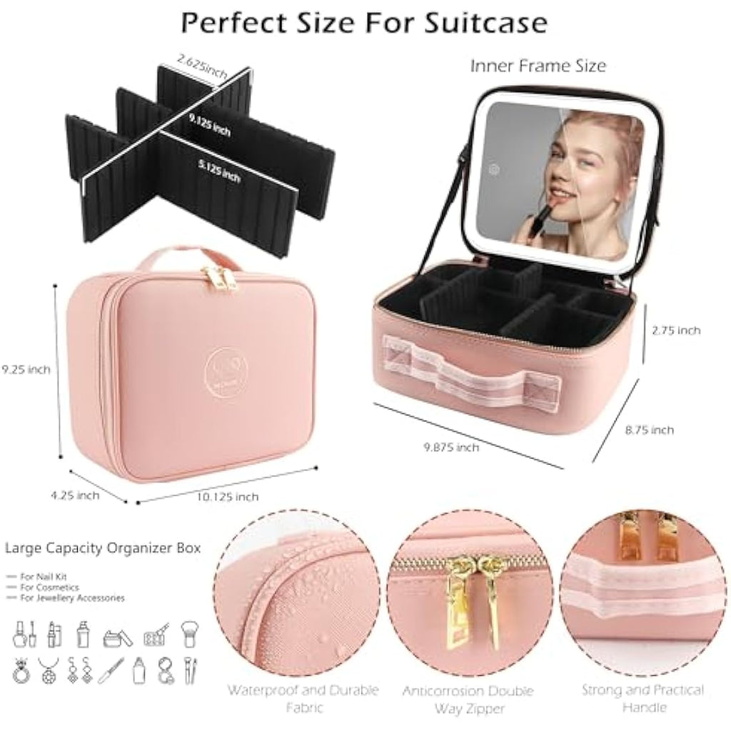 MOMIRA Travel Makeup Bag with Lighted Mirror | Waterproof PU Leather Case