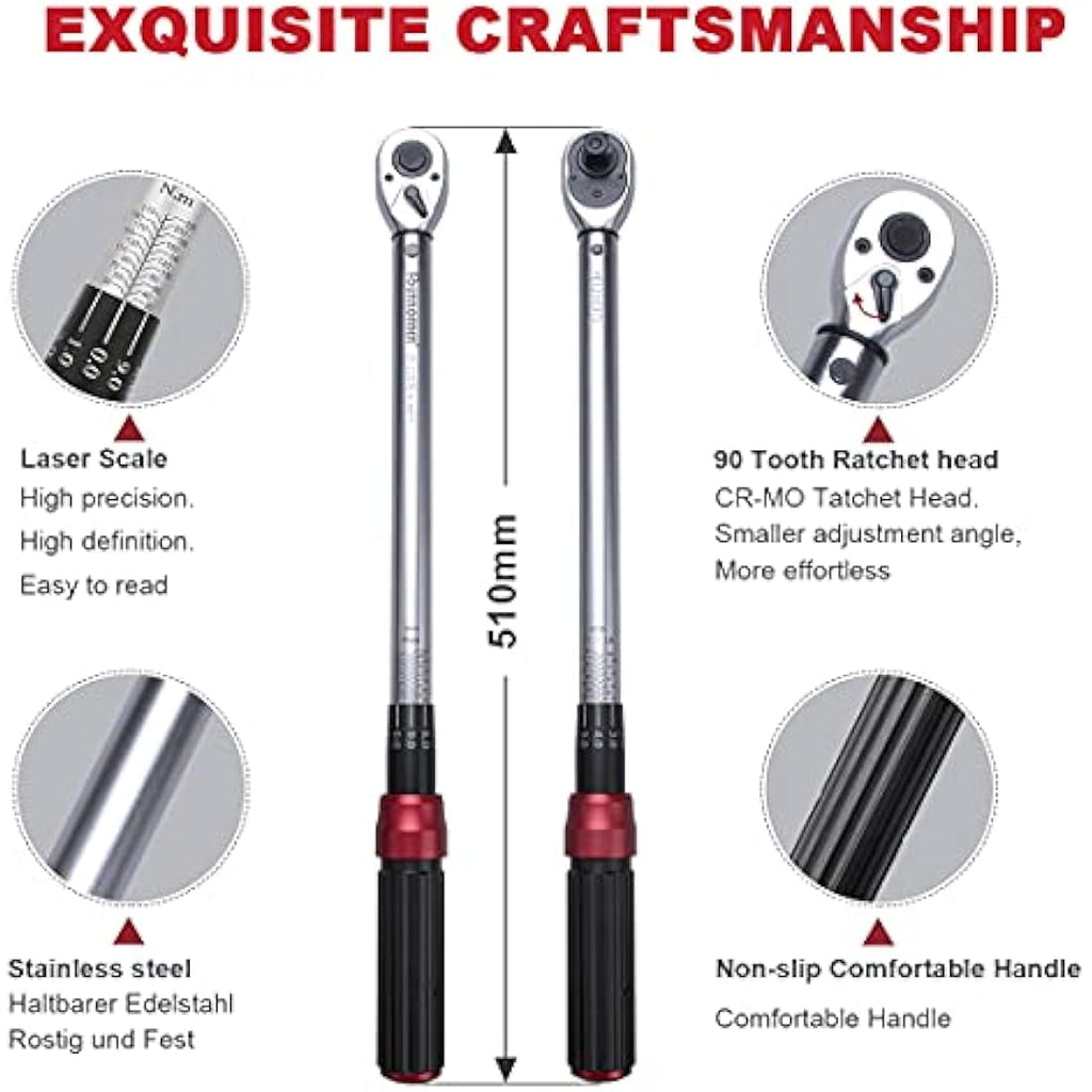 FOURROBBER 1/2-inch Drive Click Torque Wrench Set, 20-220Nm (±3% Accuracy)