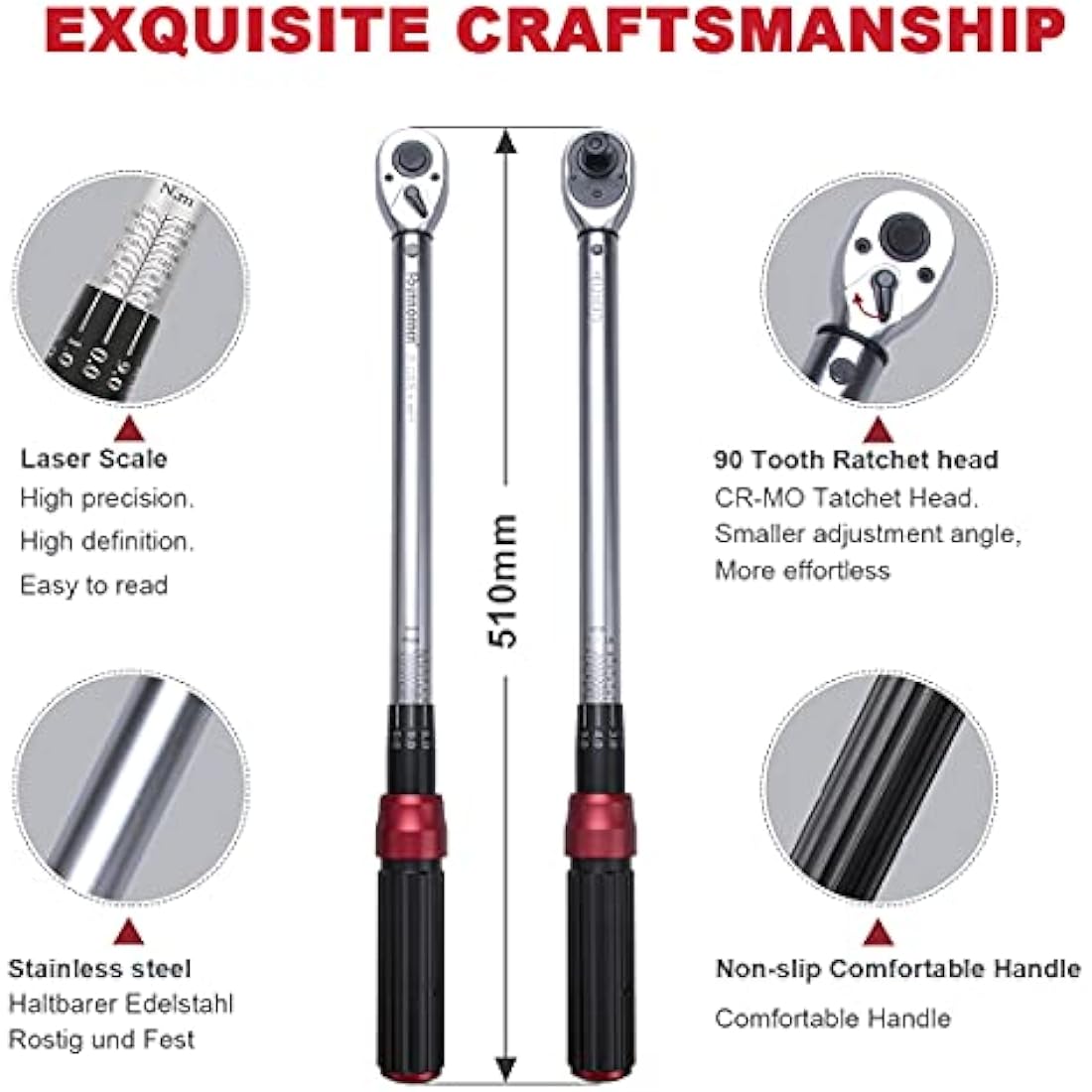 FOURROBBER 1/2-inch Drive Click Torque Wrench Set, 20-220Nm (±3% Accuracy)