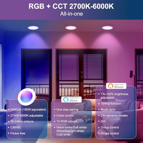 DUSKTEC Smart LED Recessed Downlights | 10W RGBWW Alexa Voice Control