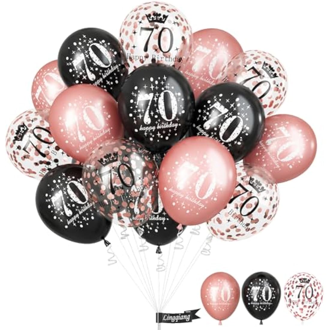 70th Birthday Balloons - 15pc Rose Gold & Black Latex Set