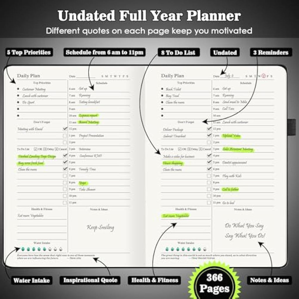 Undated Daily Planner – Hourly Productivity Agenda, Black PU Leather