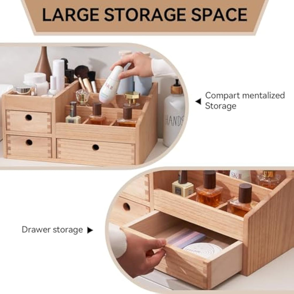 KIRIGEN Wooden Makeup Organizer | 3-Drawer Large Cosmetic Storage Box