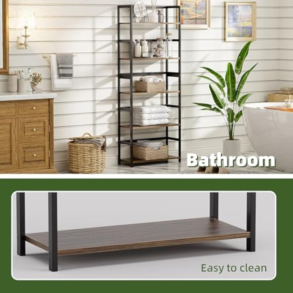 Vovala 5-Tier Industrial Bookshelf – Bamboo & Wood Standing Display Shelf