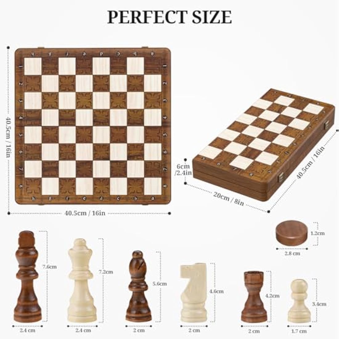 Tumu 16 Inch Magnetic Wooden Chess and Checkers Set - 2 in 1 Travel Board