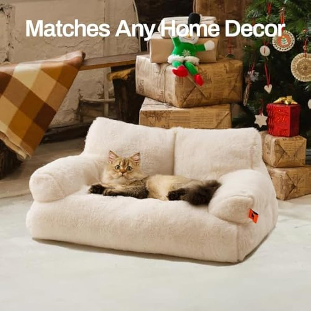 MEWOOFUN Fluffy Cat Sofa Bed | Washable Soft Pet Couch, White