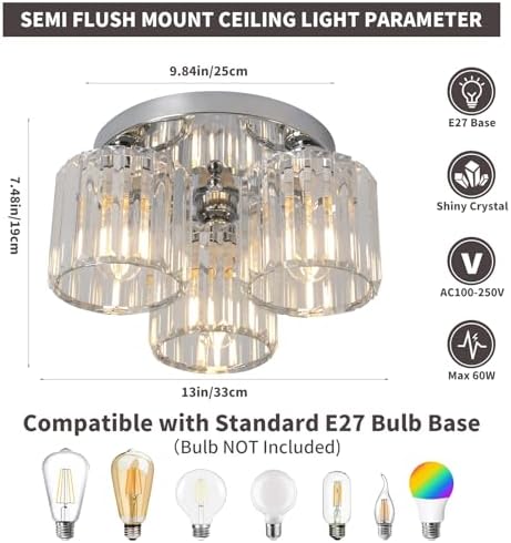 Jolof Store Modern 3-Light Crystal Chandelier – Chrome Flush Ceiling Light