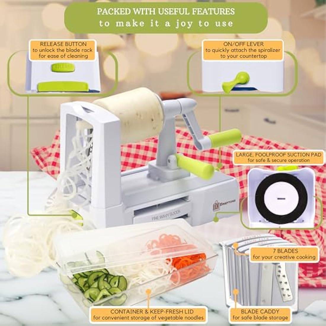 Brieftons 7-Blade Vegetable Spiralizer – Stainless Steel Zoodle Maker