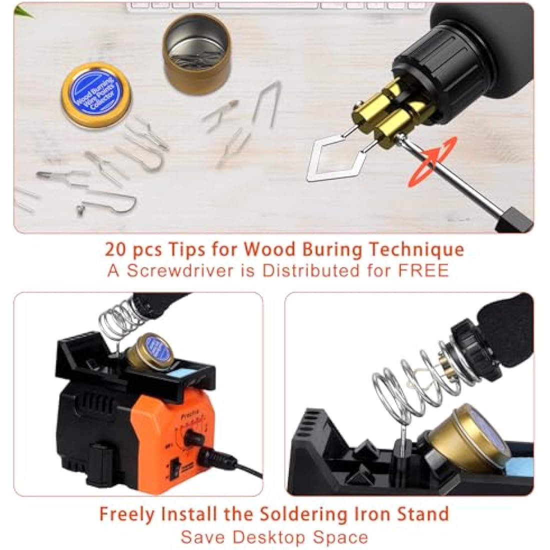 Preciva Wood Burning Pyrography Kit | 40W Adjustable Station with 20 Tips