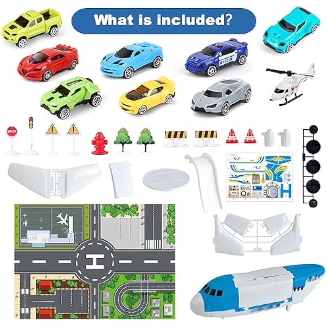 Kramow Airplane Toy Set with Play Mat, 8 Cars and Helicopter for Kids