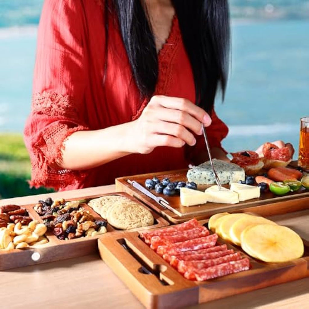 hecef Extra Large Acacia Wood Charcuterie Board Set – 3-in-1 Cheese Platter