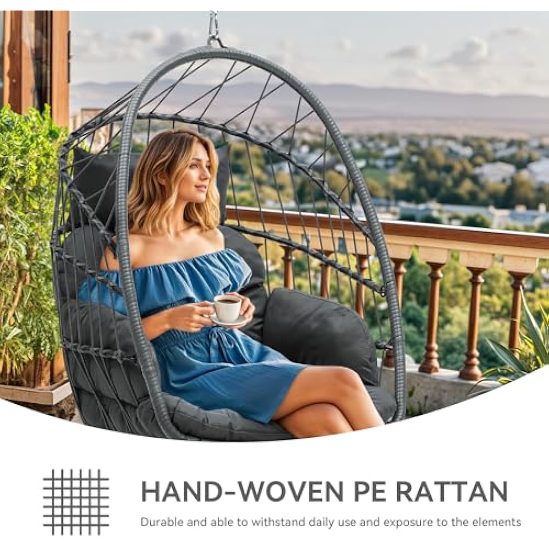 YITAHOME Rattan Hanging Egg Chair – Grey Steel Frame Garden Swing
