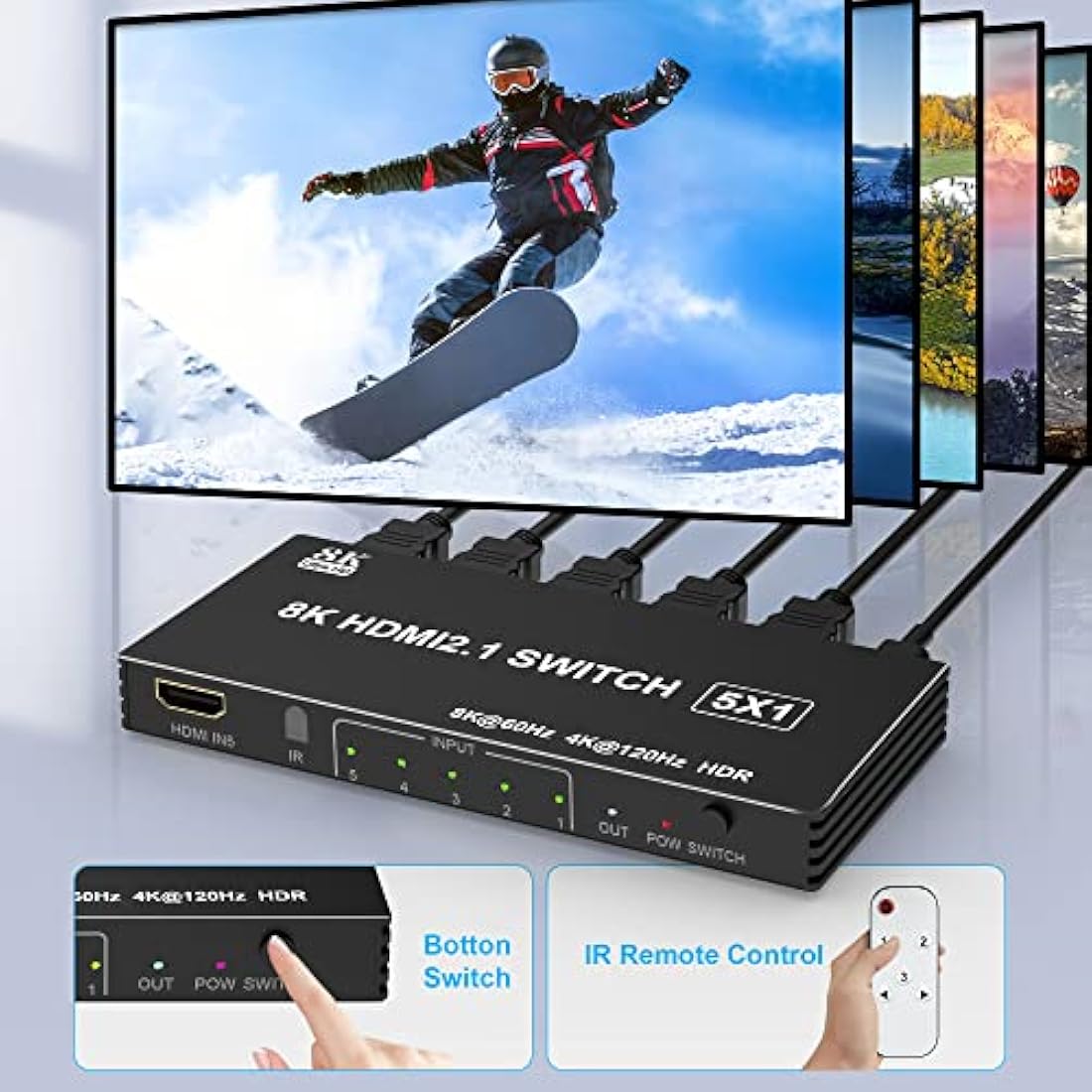 8K HDMI Switch 5 in 1 Out | 4K@120Hz Splitter with Remote