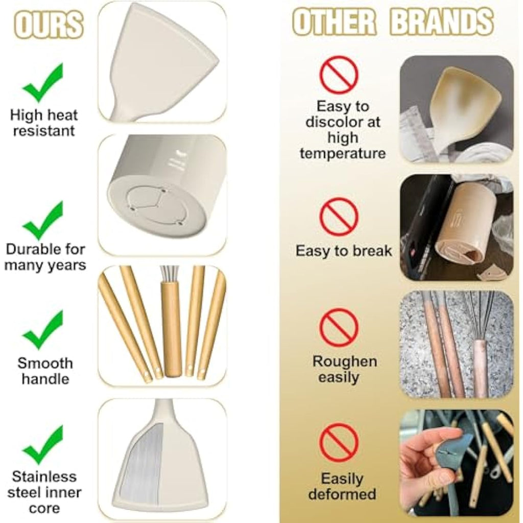 Terlulu 34-Piece Silicone Kitchen Utensils Set with Wooden Handles, Khaki