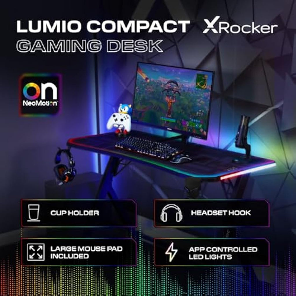 X-Rocker Lumio RGB LED Gaming Desk – Carbon Black Metal Frame