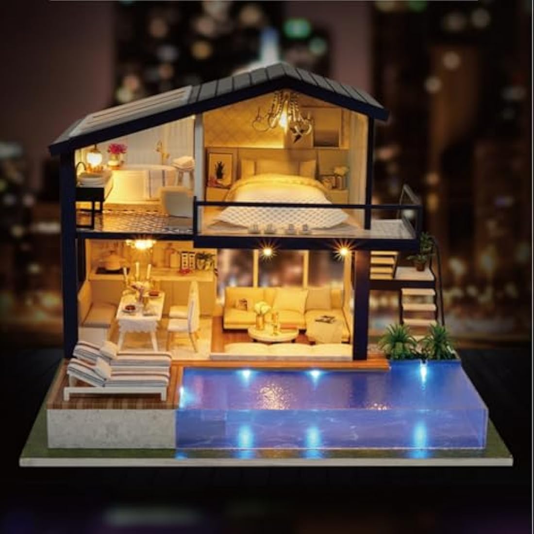 Cuteroom DIY Wooden Dollhouse Miniature Kit - Time Apartment with Pool