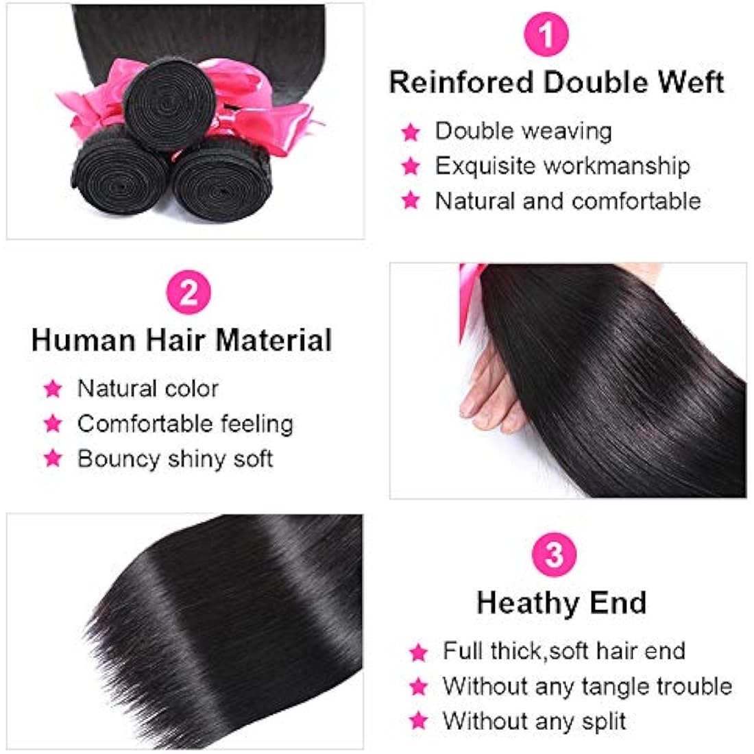 Romface 12A Brazilian Straight Human Hair Bundles | Natural Black 300g