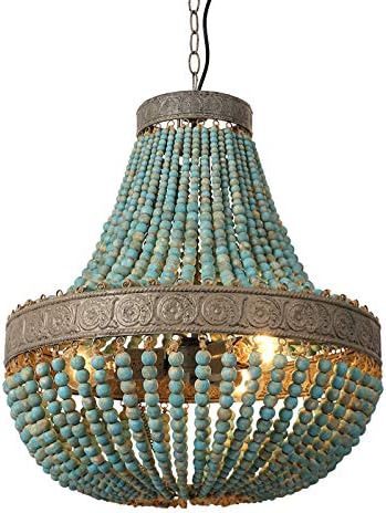 Wood Bead Chandelier – Gray Blue Boho Pendant Light Fixture